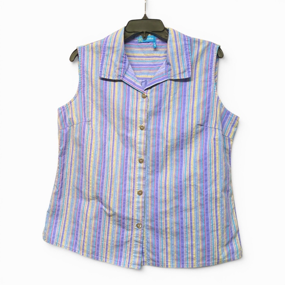 Fresh Produce Women's XL Sleeveless Collared Button Shirt Bright Stripes Cotton